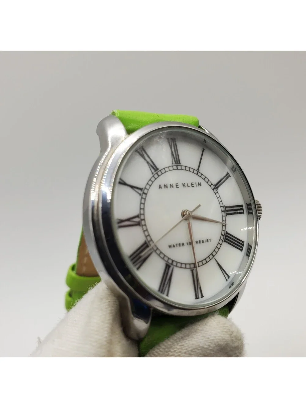 Anne Klein Women's Watch 36mm White Roman Numerals Dial Green Band New Battery